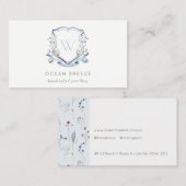 Carte De Visite Pastel Blue Fleur sauvage Aquarelle Crest Monogram (Devant / Derrière)