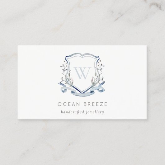 Carte De Visite Pastel Blue Fleur sauvage Aquarelle Crest Monogram (Devant)