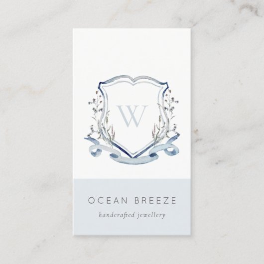 Carte De Visite Pastel Blue Fleur sauvage Aquarelle Crest Monogram (Devant)