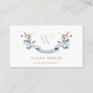 Carte De Visite Pastel Blue Fleur sauvage aquarelle ruban monogram