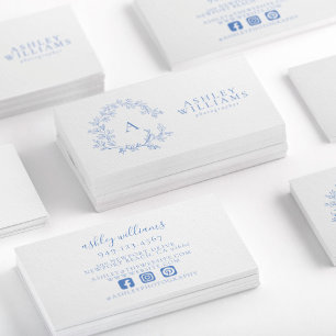 Carte De Visite Pastel Blue Monogram Floral Crest Professional
