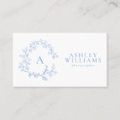 Carte De Visite Pastel Blue Monogram Floral Crest QR Code (Devant)