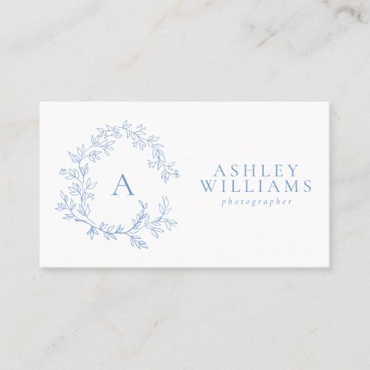 Carte De Visite Pastel Blue Monogram Floral Crest QR Code (Devant)