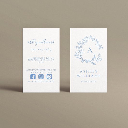 Carte De Visite Pastel Blue Monogram Professional Floral Crest