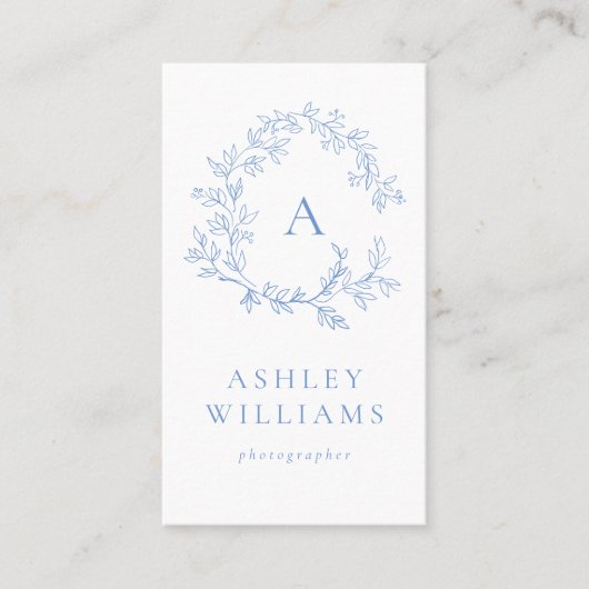 Carte De Visite Pastel Blue Monogram QR Code Floral Crest (Devant)