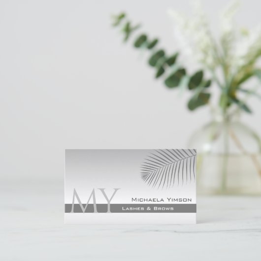 Carte De Visite Pastel Gray Gradient Palm Leaf Monogramme et logo (Debout devant)