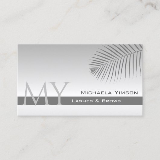 Carte De Visite Pastel Gray Gradient Palm Leaf Monogramme et logo (Devant)