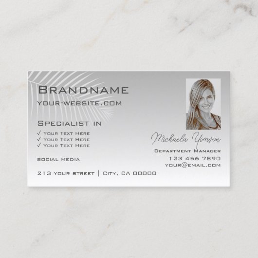 Carte De Visite Pastel Grey Gradient Palm Leaf Monogramme et photo (Dos)