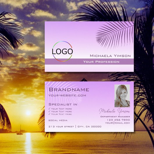 Carte De Visite Pastel Lilac Gradient Palm Leaf Logo et photo