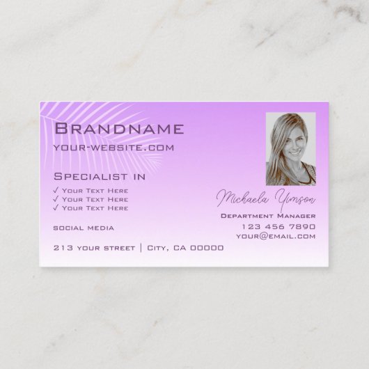 Carte De Visite Pastel Lilac Gradient Palm Leaf Monogramme et phot (Dos)