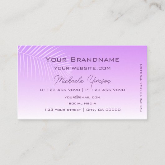 Carte De Visite Pastel Lilac Gradient Palm Leaf Monogramme Simplem (Dos)
