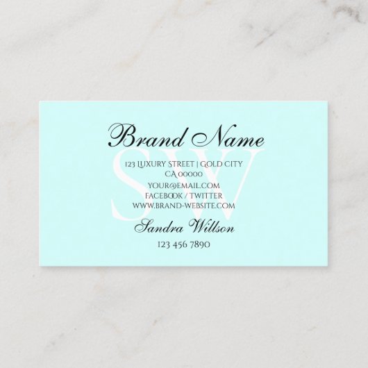 Carte De Visite Pastel moderne blanc et clair Turquoise avec initi (Dos)