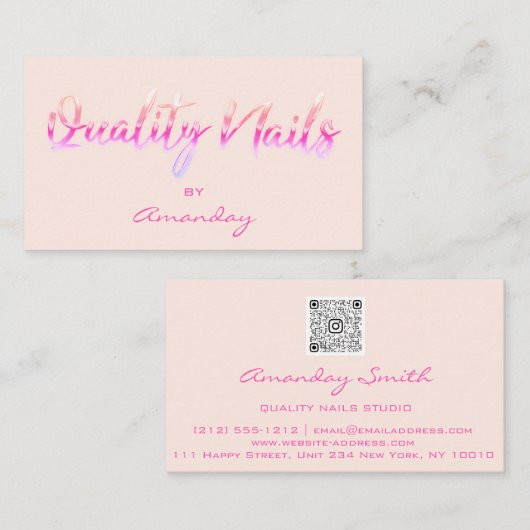 Carte De Visite Pastel Pink Qualité Clou Script QR Code Logo (Devant / Derrière)