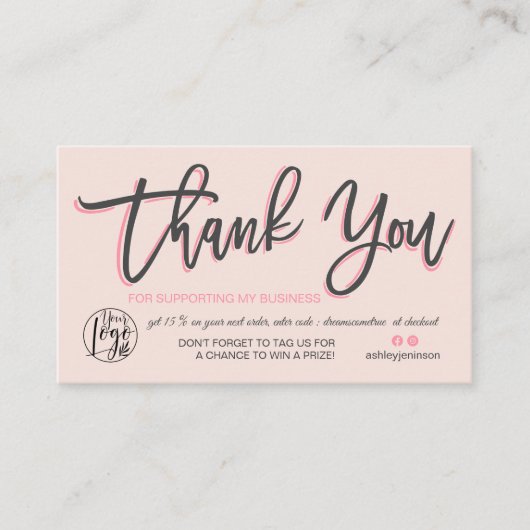 Carte De Visite Pastel Pink script photo logo commander merci (Devant)