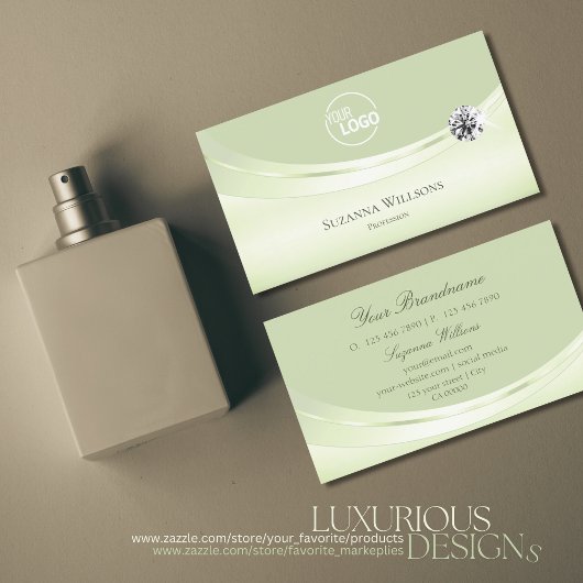 Carte De Visite Pastel Sage Green de luxe avec logo et diamant