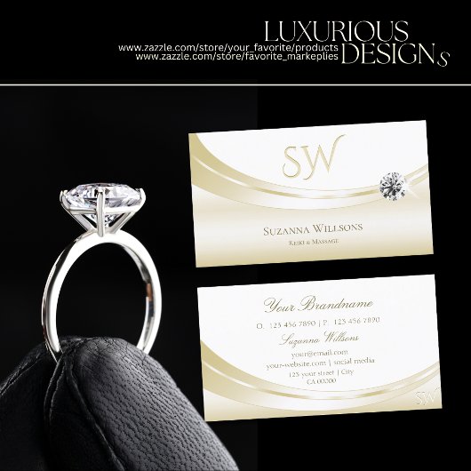 Carte De Visite Pastel Silk Or Blanc avec Monogramme et Diamant