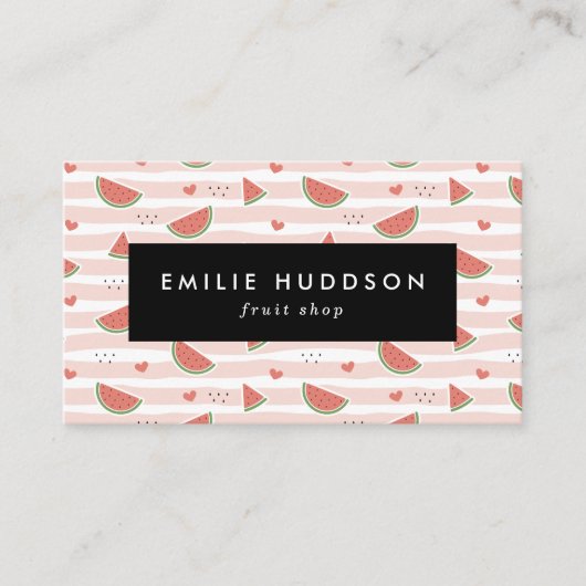 Carte De Visite Pastèques Rouges, Coeurs, Bandes, Votre Nom (Devant)