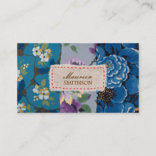 Carte De Visite Patchwork en tissu floral (bleu) Personnalisé