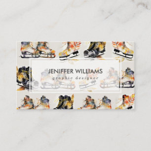 Carte De Visite Patins à glace aquarelle avec motif de feuilles d'