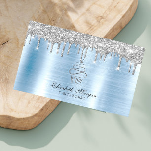Carte De Visite Pâtisserie Cupcake Argent Pailleté Gouttes Métal B