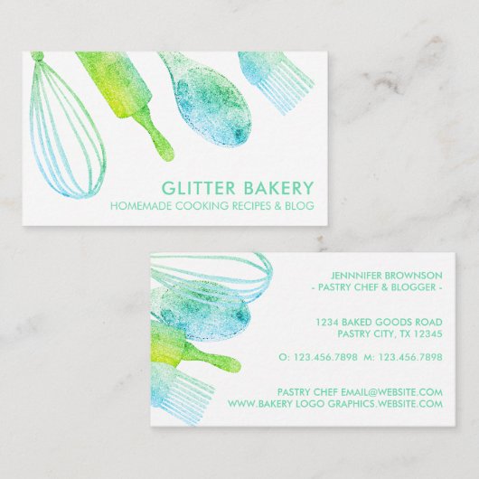 Carte De Visite Pâtisserie Parties scintillant verte cuisine Trait (Devant / Derrière)
