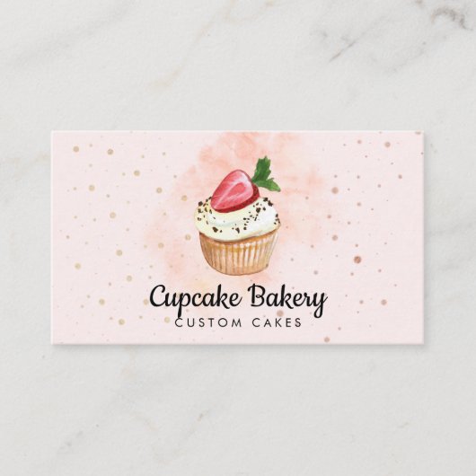 Carte De Visite Pâtisserie rose Aquarelle Cupcake aux fraises (Devant)