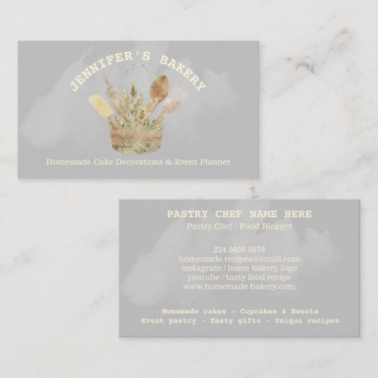 Carte De Visite Pâtisserie Rustique Bakery Chef en bois aquarelle (Devant / Derrière)