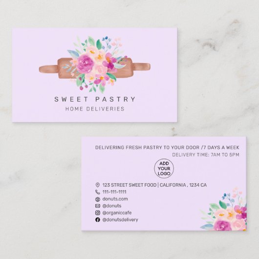 Carte De Visite Pâtisserie viennoiserie fleurie violet (Devant / Derrière)