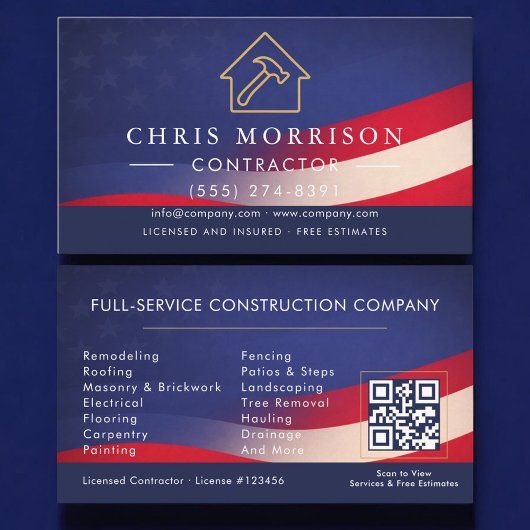 Carte De Visite Patriotic Contractor Construction QR Code
