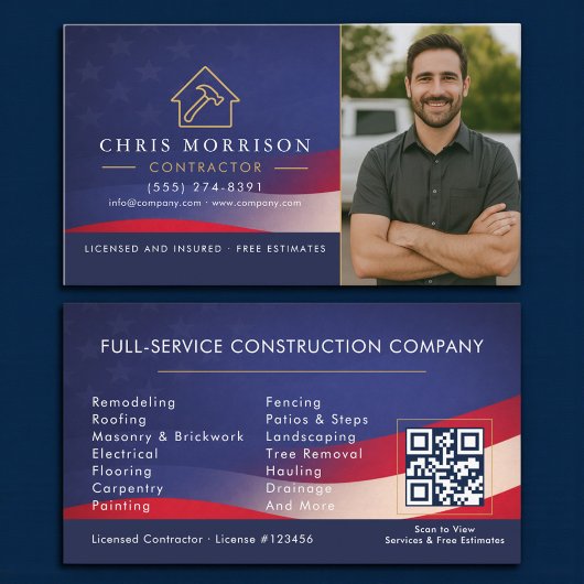 Carte De Visite Patriotic Contractor QR Code Photo