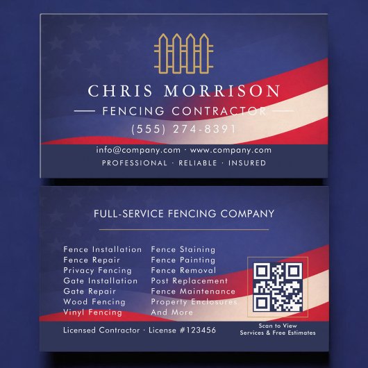 Carte De Visite Patriotic Fencing Residential Commercial QR Code