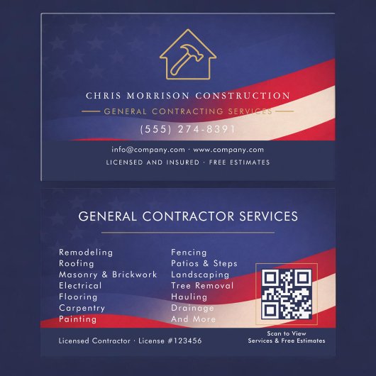Carte De Visite Patriotic General Contractor QR Code