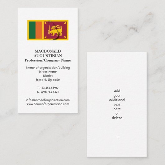 Carte De Visite Patriotique | DRAG SRI LANKA Ajouter | Photo (Devant / Derrière)