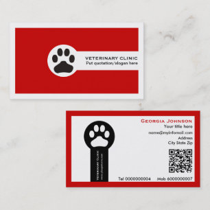 Carte De Visite Patte et code QR rouge Clinique vétérinaire 