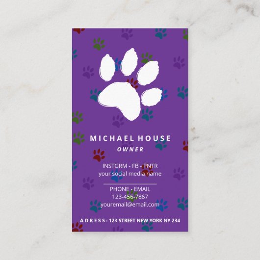 Carte De Visite pattes violettes chien chat assis (Dos)