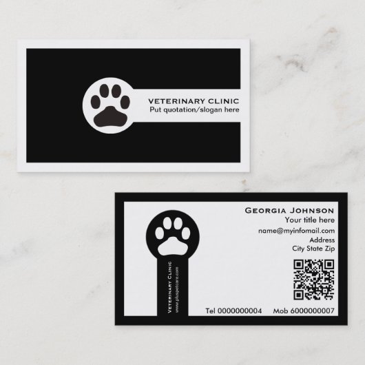 Carte De Visite Paw and QR code black Vet/Veterinary Clinic  (Devant / Derrière)
