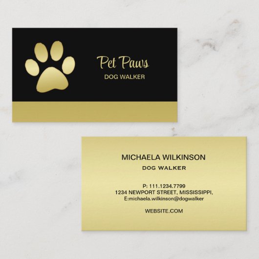 Carte De Visite Paw chien brillant or sur le service de grossissem (Devant / Derrière)