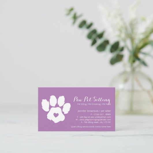 Carte De Visite Paw Coeur du logo de chien pourpre (Debout devant)