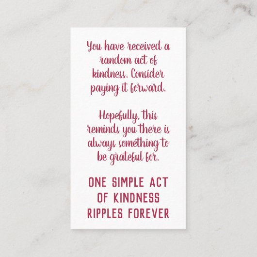Carte De Visite Pay it Forward Random Act of Kindness Gratitude (Dos)