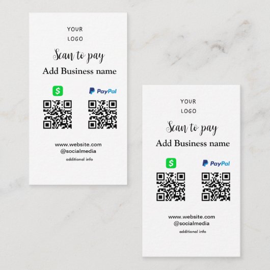 Carte De Visite Paypal Cashapp numérisation pour payer QR ajouter (Devant / Derrière)