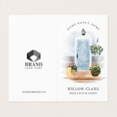 Carte De Visite Pays Aquarelle Porte Bleue Agent Immobilier (Extérieur déplié)