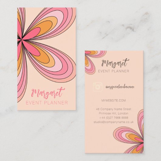 Carte De Visite Peach Daisy Event Planner Super les années 70 Hipp (Devant / Derrière)