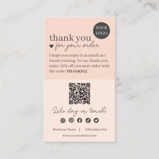 Carte De Visite Peach Modern Script QR Code, Merci (Dos)