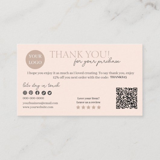 Carte De Visite Peach Modern Script QR Code, Merci (Dos)