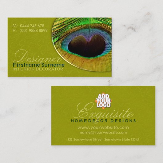 Carte De Visite Peacock Feather Damask Home Decor Designer (Devant / Derrière)