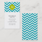 Carte De Visite Peacock Turquoise & Green Zigzags Motif Monogramme (Devant / Derrière)