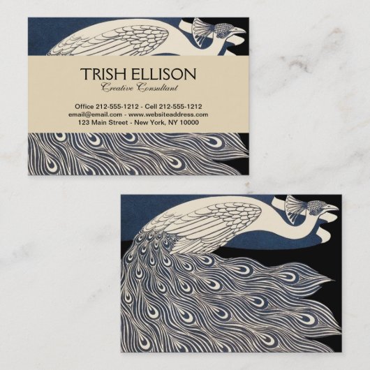 Carte De Visite Peacock Vintage Bleu Art Nouveau (Devant / Derrière)
