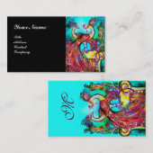 Carte De Visite PEACOCKS EN AMOUR MONOGRAM, bleu turquoise rouge n (Devant / Derrière)