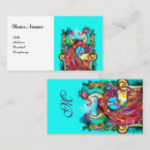 Carte De Visite PEACOCKS EN AMOUR MONOGRAM, Mariage Bleu Blanc Rou (Devant / Derrière)