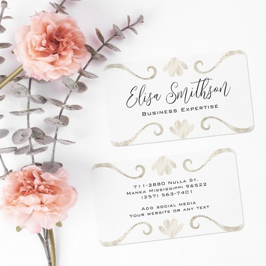 Carte De Visite Pearl Blanc Argent Floral Élégant Luxe Feminine